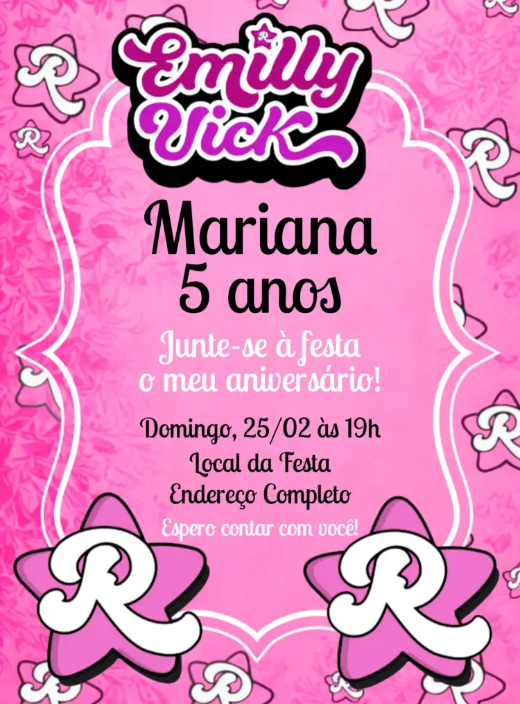 Convite Emilly Vick Youtuber – tema Aniversário Infantil rosa, moderno, divertido, colorido, jovem, temático