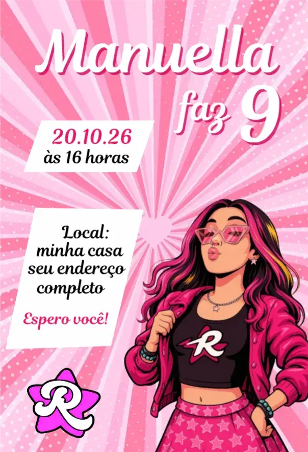 Convite Emily Vick 2 – tema Aniversário rosa, divertido, lúdico, moderno, colorido