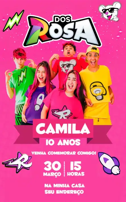 Convite Emily Vick 3 – tema Aniversário rosa, divertido, infantil, colorido, festa temática