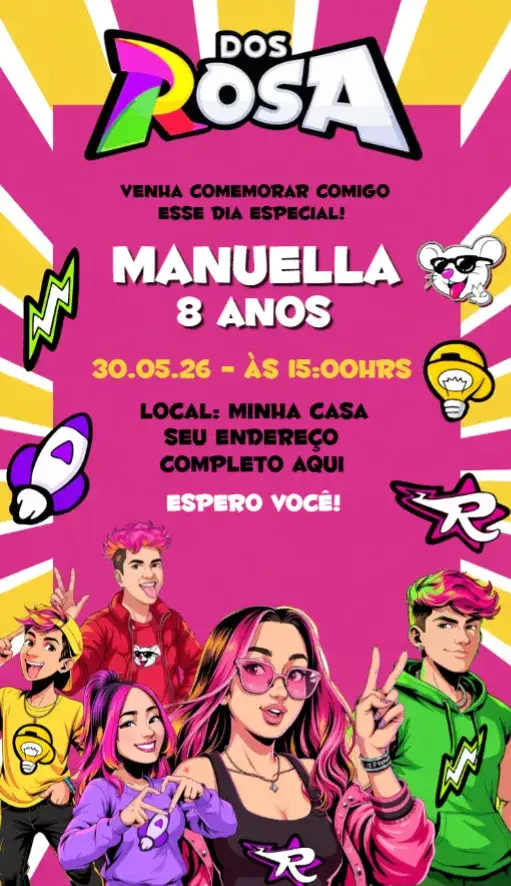Convite Emily Vick 5 – tema Aniversário rosa, lúdico, divertido, infantil, colorido, moderno