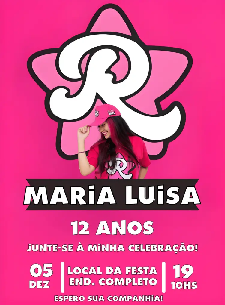 Convite Emily Vick Atriz – tema Aniversário Infantil rosa, divertido, moderno, infantil, desenho animado, youtuber