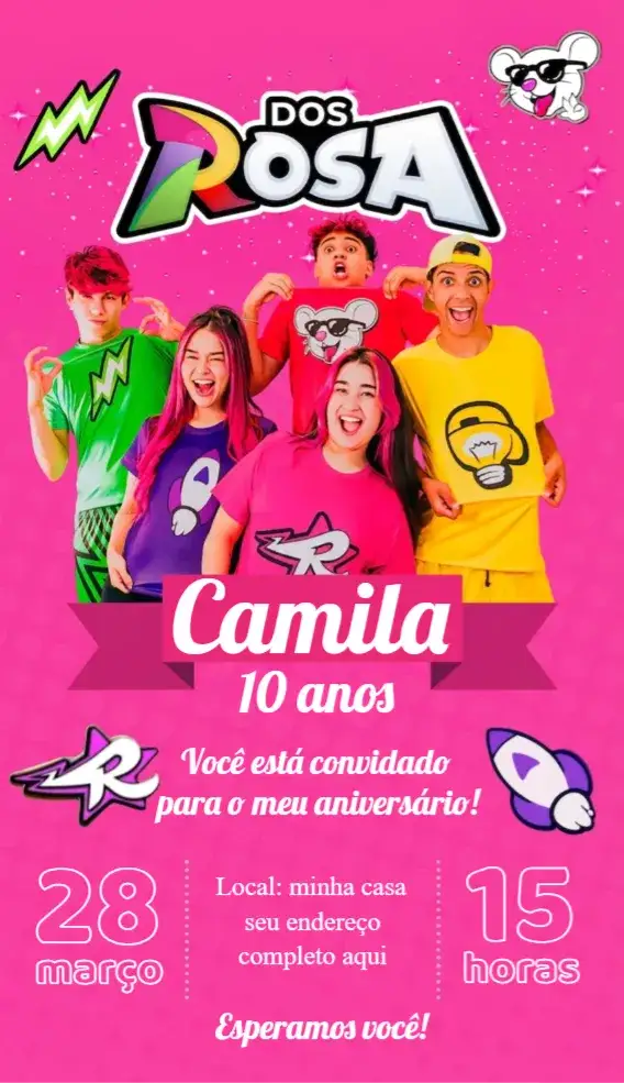 Convite Emily Vick os rosas – tema Aniversário floral, romântico, colorido, delicado, moderno