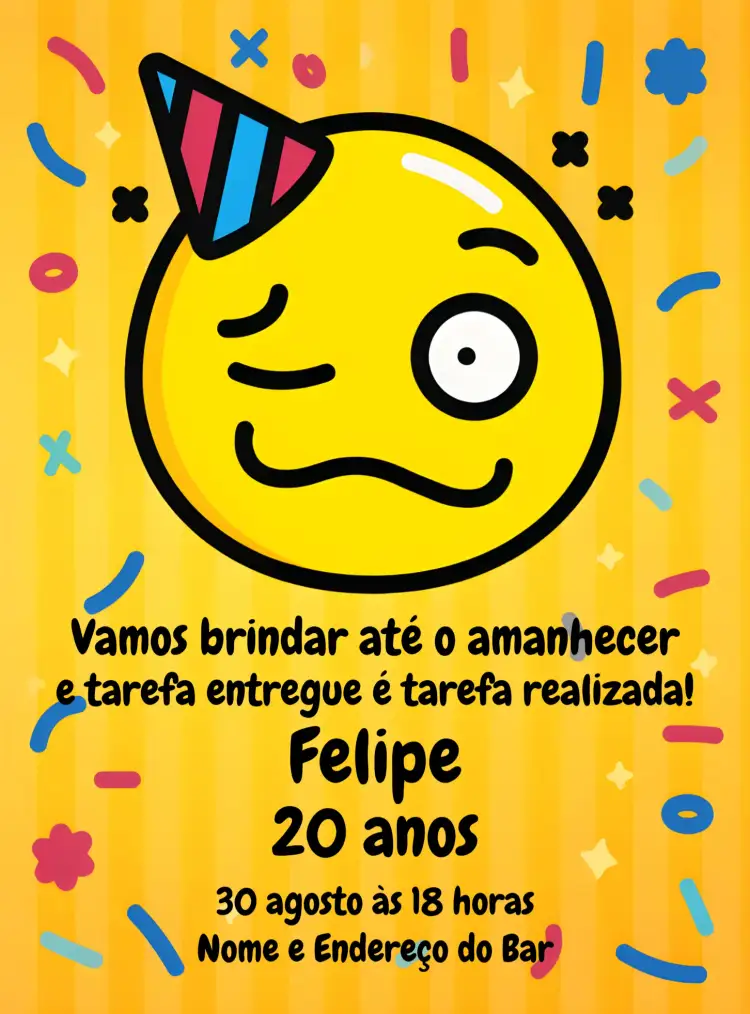 Convite Emoji Bebida Boteco Amarelo – tema Aniversário amarelo, moderno, divertido, colorido, boteco, jovial