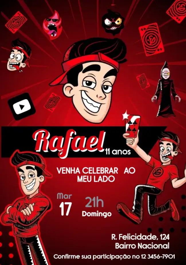 Convite Enaldinho Desafio – tema Aniversário Infantil vermelho, divertido, jovem, temático, colorido, dinâmico