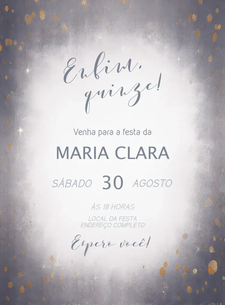 Convite Enfim Quinze Anos – tema 15 anos glitter, moderno, elegante, lilás, azul, festa de debutante