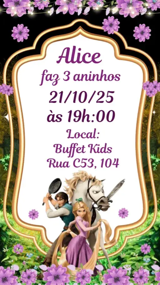 Convite Enrolados – tema Aniversário Infantil mágico, colorido, fantasia, divertido, ilustrações infantis, temático