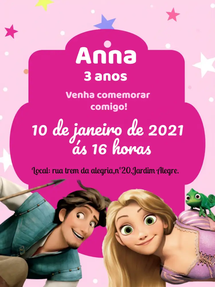 Convite Enrolados Filme – tema Mais pesquisados cores vibrantes, ilustrações de princesas, elementos de conto de fadas, design alegre, estilo divertido