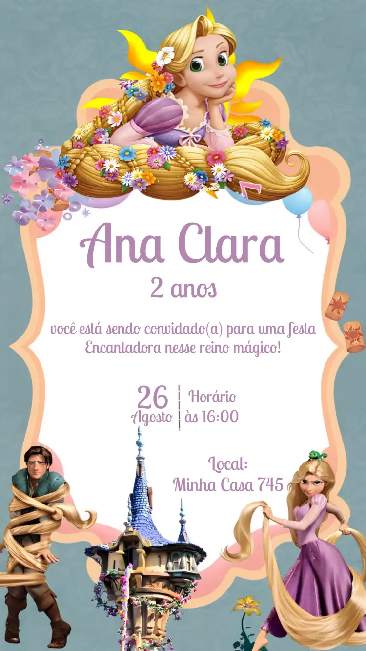 Convite Enrolados Lilás – tema Aniversário Infantil lilás, branco, feminino, temático, mágico, infantil