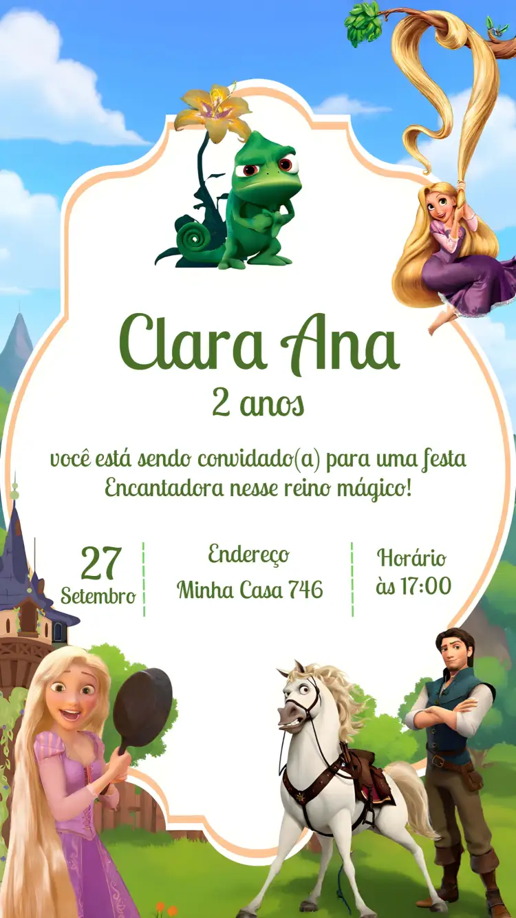 Convite Enrolados Princesa – tema Mais pesquisados cores pastel, ilustrações da Disney, elementos florais, estilo lúdico, detalhes em dourado