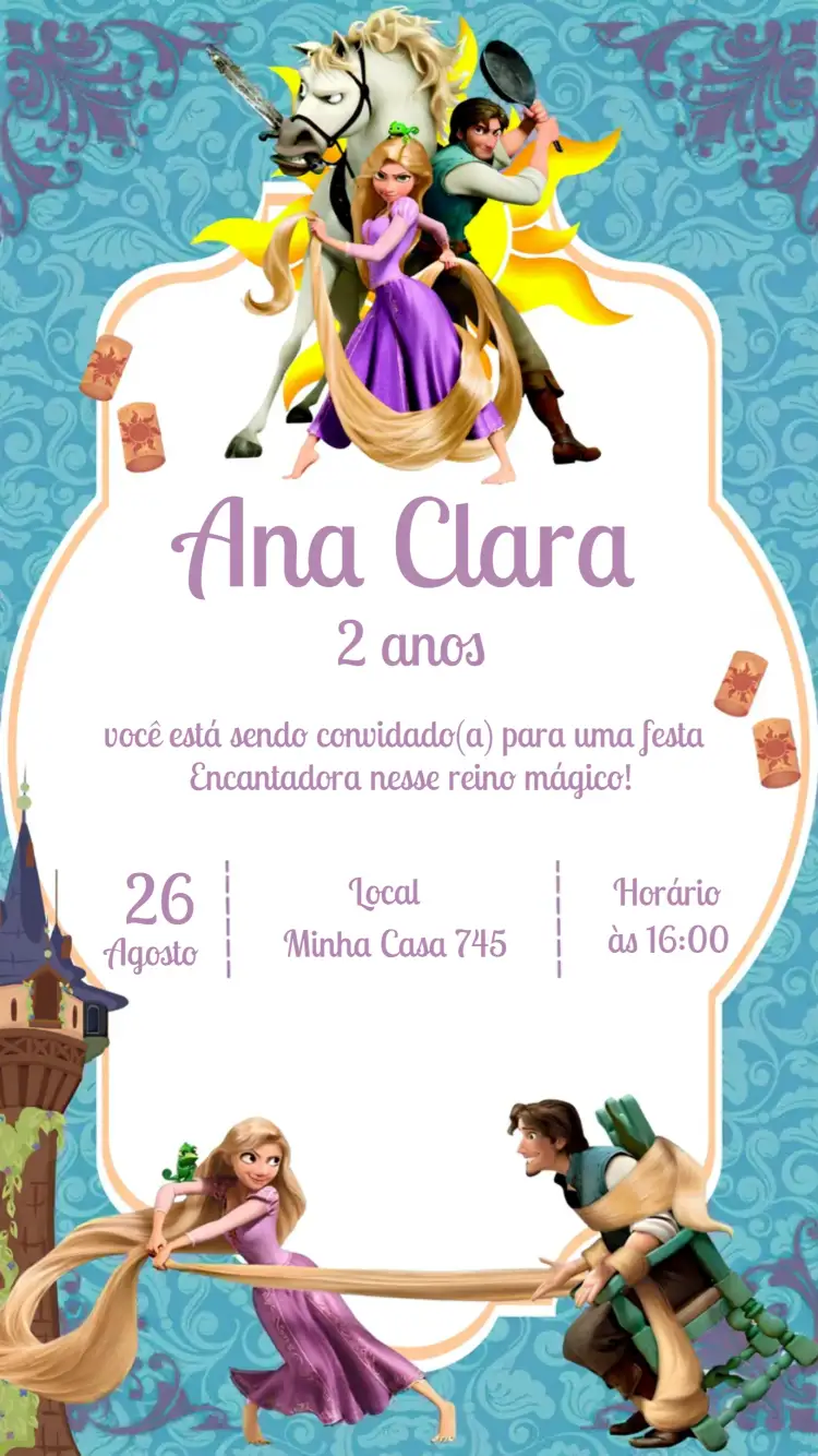 Convite Enrolados Rapunzel – tema Aniversário Infantil lilás, arabescos, mágico, princesas, aventura, colorido