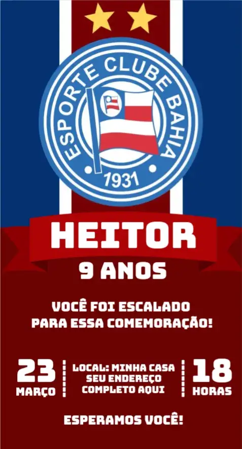 Convite Esporte Clube Bahia 1 – tema Aniversário esportivo, vibrante, azul e vermelho, moderno, divertido
