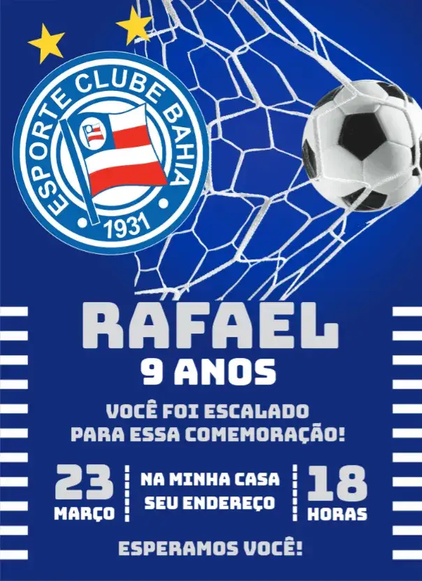 Convite Esporte Clube Bahia 2 – tema Aniversário futebol, vibrante, moderno, temático, colorido