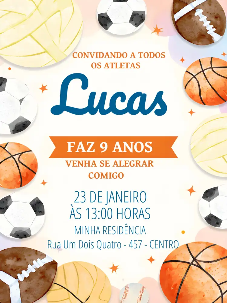 Convite Esportes Bolas – tema Mais pesquisados esportivo, colorido, divertido, aquarela, moderno, jovem