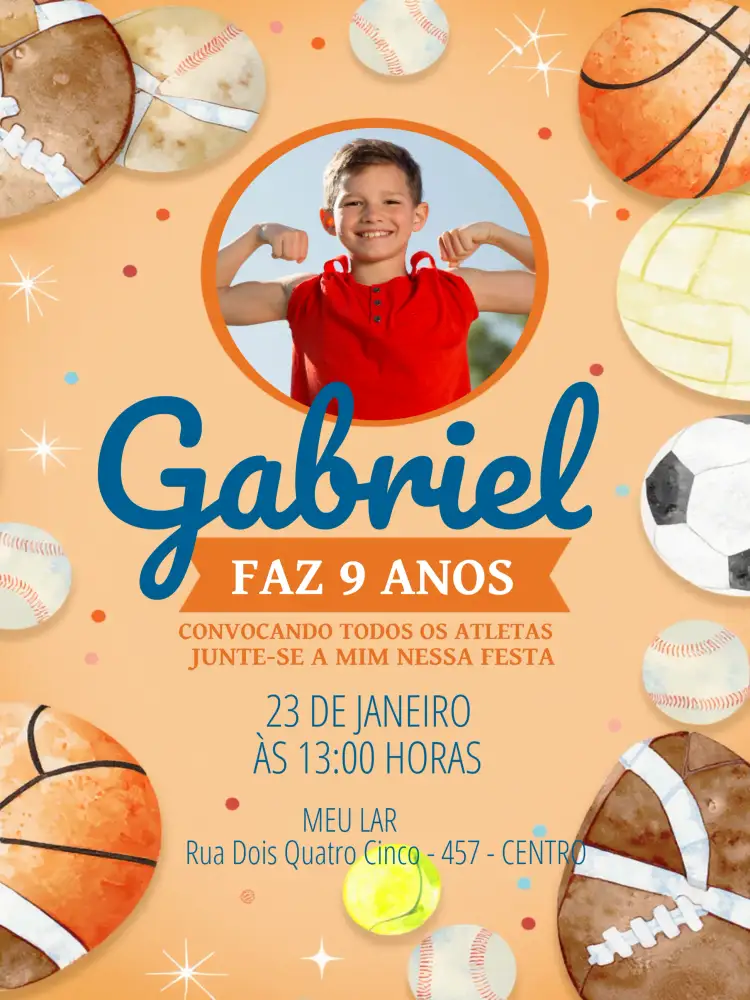 Convite Esportes Com Foto Menino – tema Mais pesquisados esportivo, colorido, divertido, moderno, dinâmico