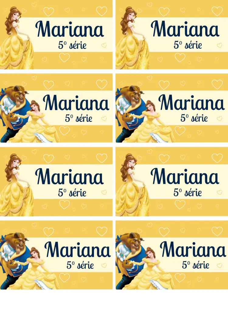 Convite Etiqueta Escolar A Bela E Fera Amarelo – tema Batizado amarelo, azul, princesas, Disney, lúdico, encantado