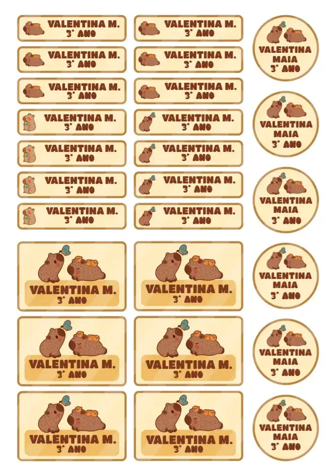 Convite Etiqueta escolar Capivara Capybara – tema Mais pesquisados divertido, colorido, ilustrações de animais, moderno, infantil, bege