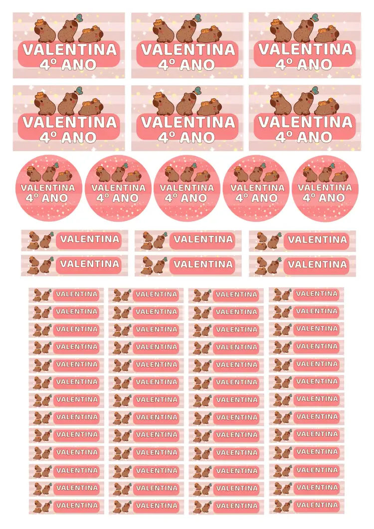 Convite Etiqueta Escolar Capivara Cute Capybara – tema Aniversário Infantil rosa, fofo, divertido, infantil, lúdico