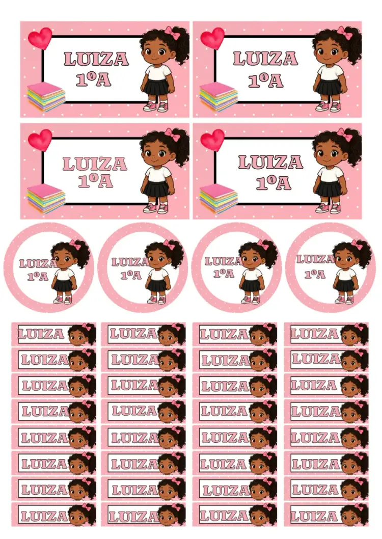 Convite Etiqueta escolar menina aluna mascote – tema Mais pesquisados colorido, divertido, infantil, moderno, ilustrações, feminino