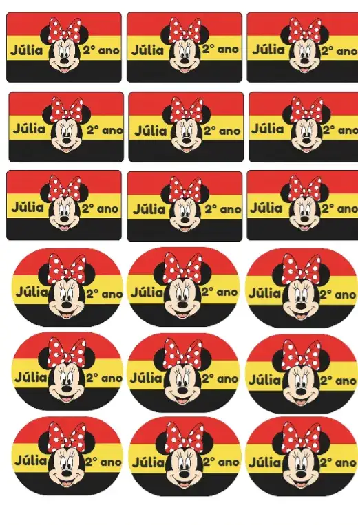 Convite Etiqueta escolar Minnie – tema Mais pesquisados cores vibrantes, estilo infantil, elementos gráficos da Disney, design divertido, temática Minnie