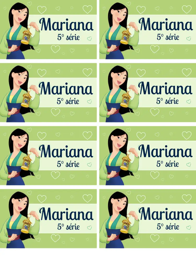 Convite Etiqueta Escolar Mulan Menina – tema Cartelas princesas, verde, infantil, divertido, colorido
