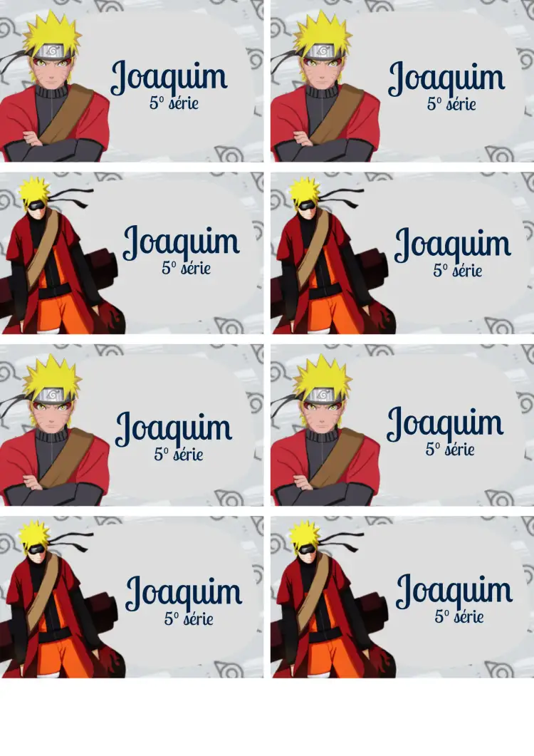 Convite Etiqueta Escolar Naruto Folha – tema Aniversário Infantil ninja, anime, cinza, moderno, divertido, colorido
