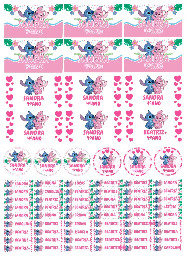 Etiqueta Escolar Stitch E Angel Rosa