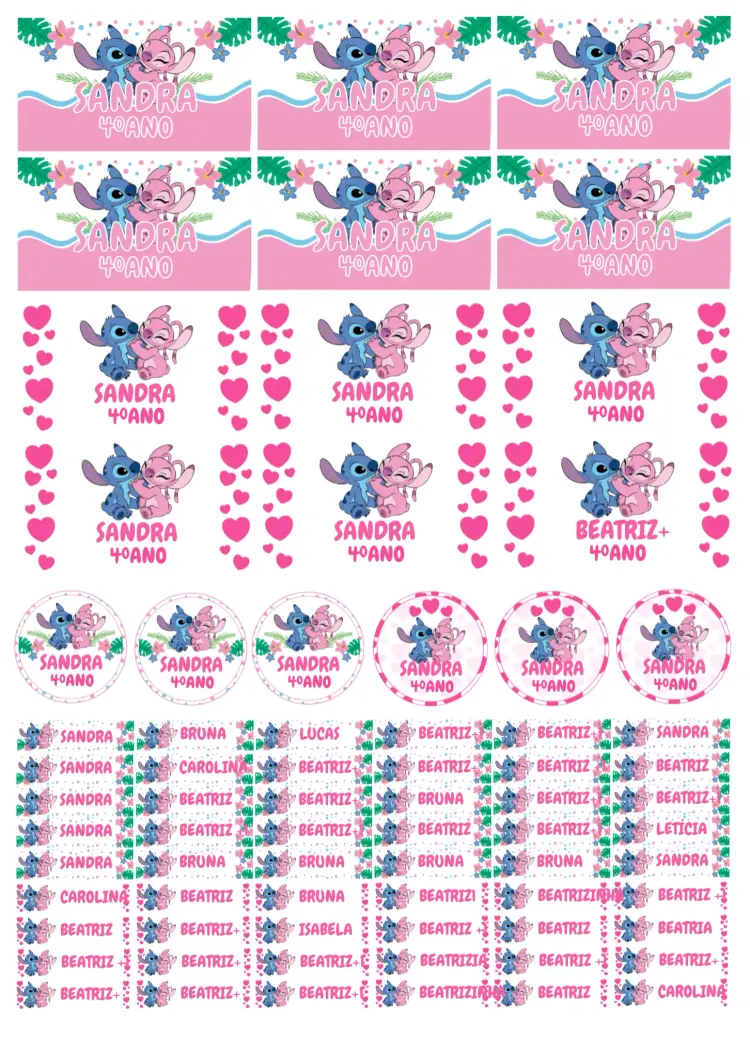 Convite Etiqueta Escolar Stitch E Angel Rosa