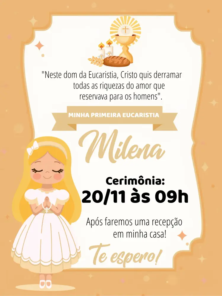 Convite Eucaristia Primeira Comunhão Menina Loira Católica editável e personalizável