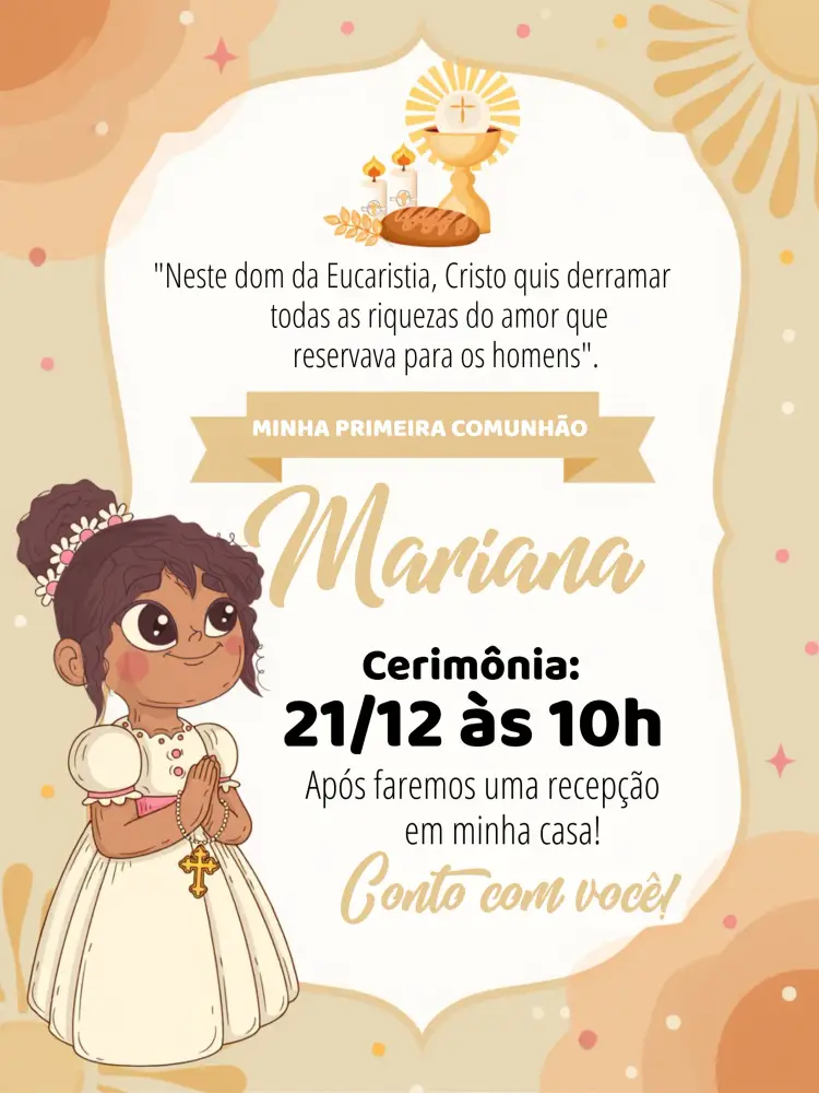 Convite Eucaristia Primeira Comunhão - Menina Negra Católico editável e personalizável