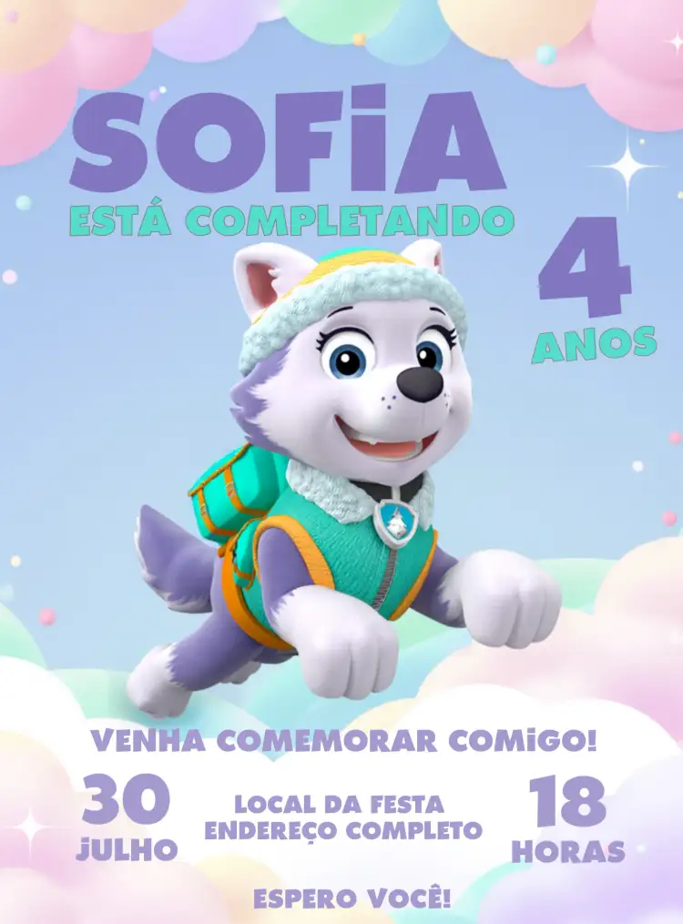Convite Everest Patrulha Canina Cachorra – tema Aniversário Infantil divertido, colorido, temático, feminino, infantil