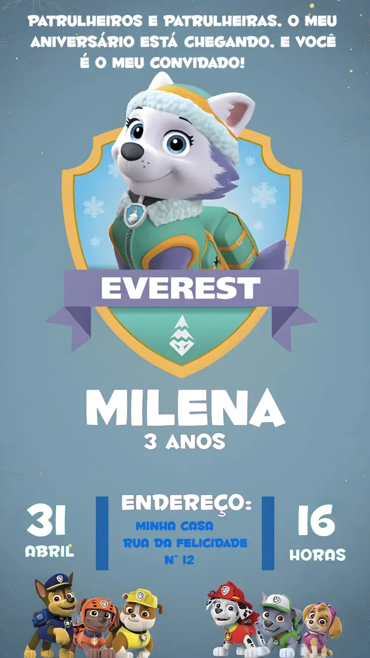 Convite Everest Patrulha Canina Patrol – tema Aniversário Infantil azul, branco, temática infantil, aventura, divertido, colorido
