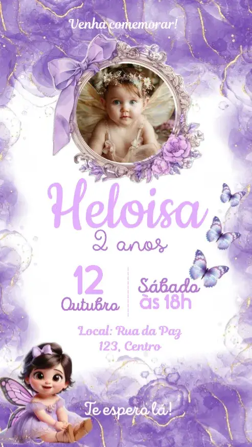 Convite Fada Jardim encantado com foto – tema Aniversário Infantil encantado, fadas, borboletas, lilás, roxo, floral