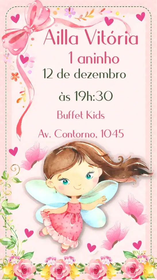 Convite Fadinha – tema Aniversário Infantil mágico, floresta, jardim encantado, cores suaves, ilustrações fofas, fantasia