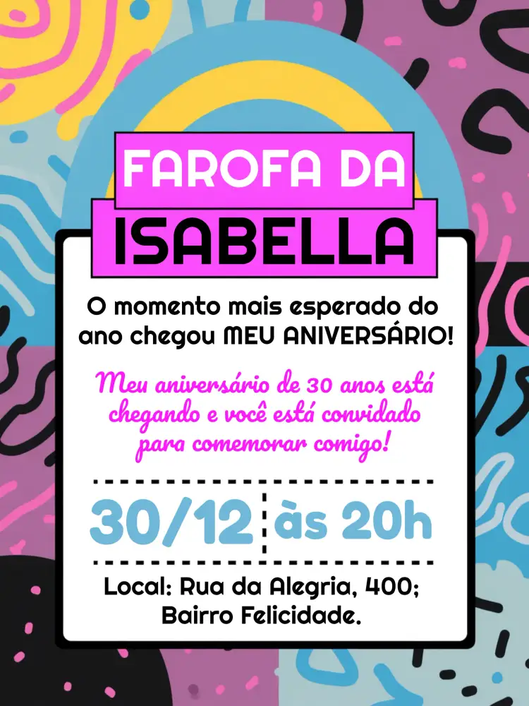 Convite Farofa Colorido – tema Chá de Panela tropical, colorido, abstrato, verão, divertido