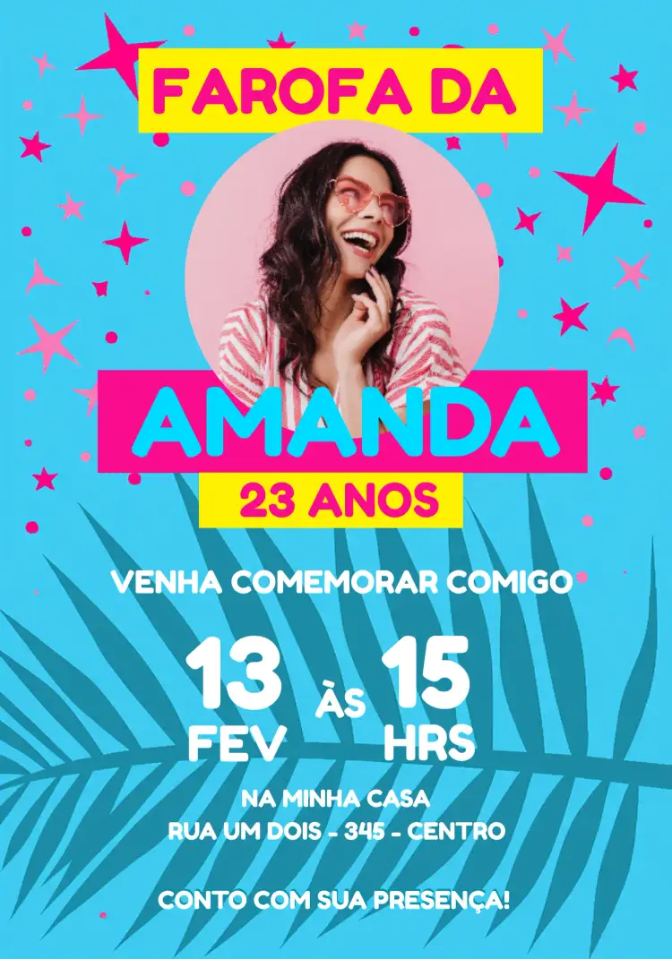 Convite Farofa Com Foto Tardezinha – tema Chá de Panela tropical, colorido, verão, vibrante, descontraído
