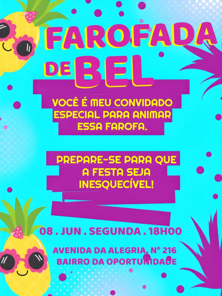 Convite Farofa Da Gkay Azul – tema Chá de Panela tropical, moderno, colorido, divertido, abacaxi, azul