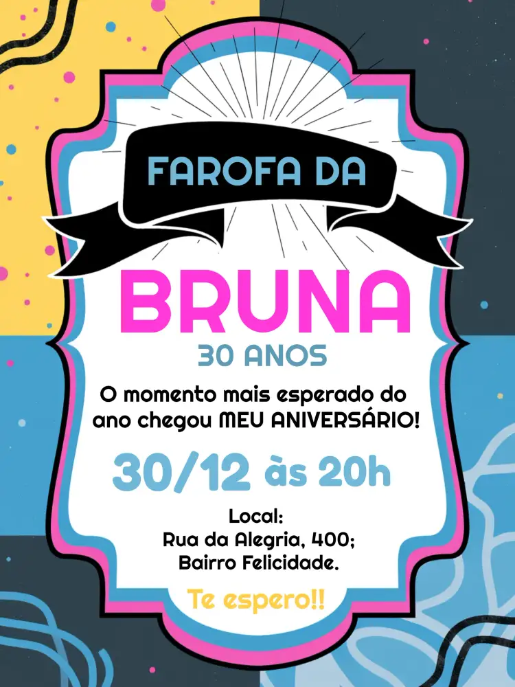 Convite Farofa Festa – tema Chá de Panela colorido, abstrato, verão, divertido, moderno, pool party