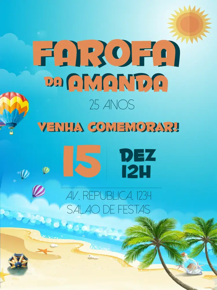 Convite Farofa Gkay – tema Chá de Panela tropical, colorido, moderno, alegre, praiano, descontraído