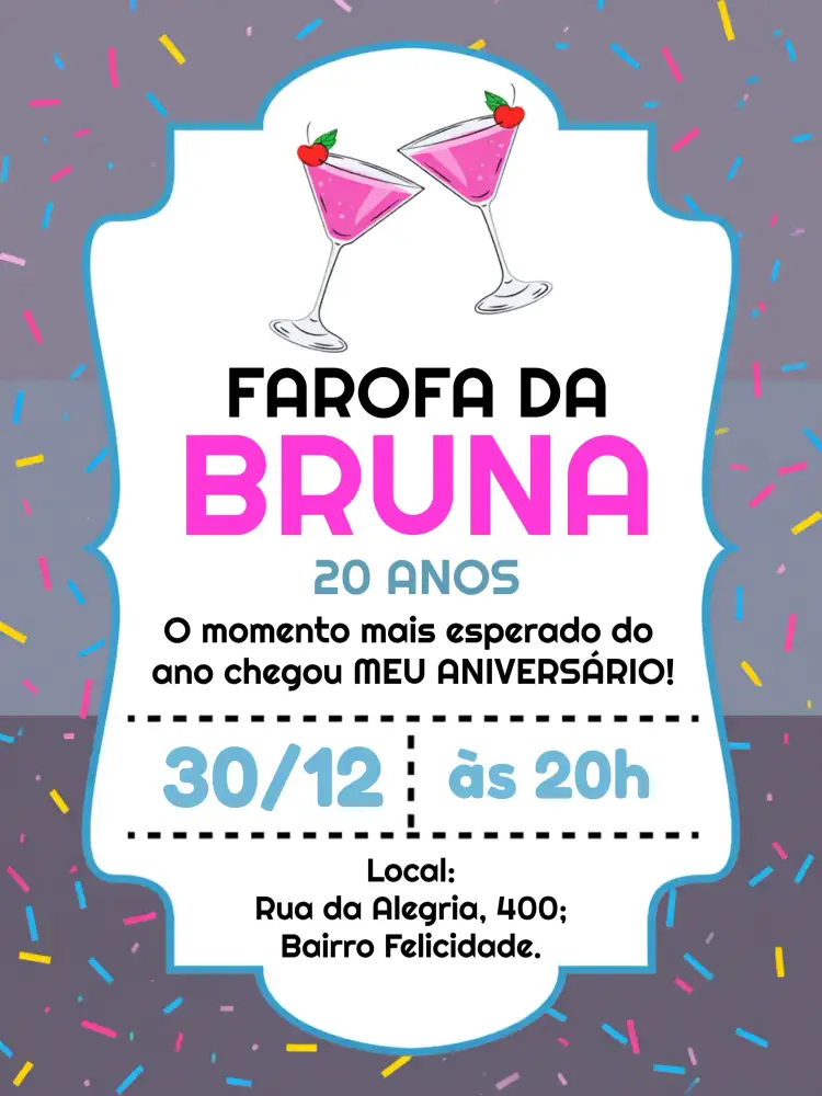 Convite Farofa Gkay – tema Chá de Panela colorido, tropical, abstrato, moderno, verão, festivo