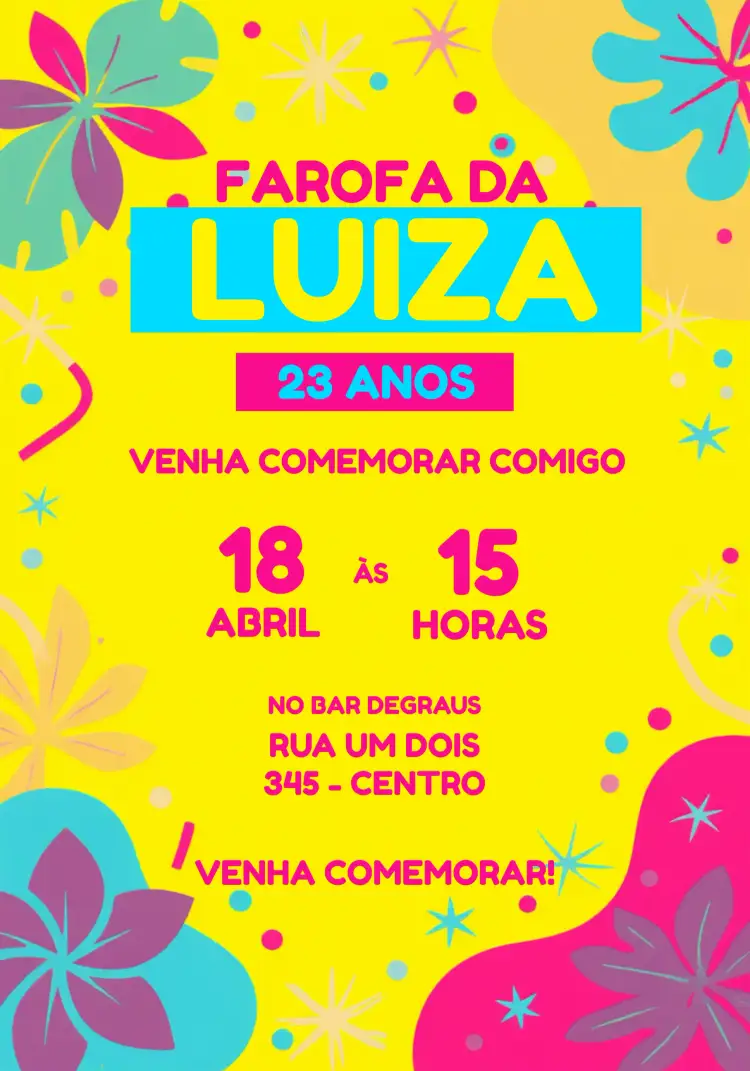 Convite Farofa Tardezinha – tema Chá de Panela tropical, colorido, verão, descontraído, gráfico, moderno