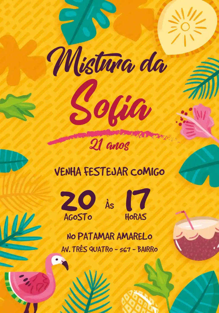 Convite Farofa Tropical – tema Chá de Panela tropical, colorido, refrescante, verão, alegre