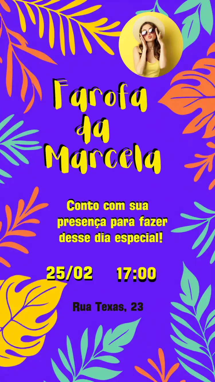 Convite Farofa Tropical Tardezinha Com Foto Tema – tema Chá de Panela tropical, colorido, vibrante, descontraído, moderno