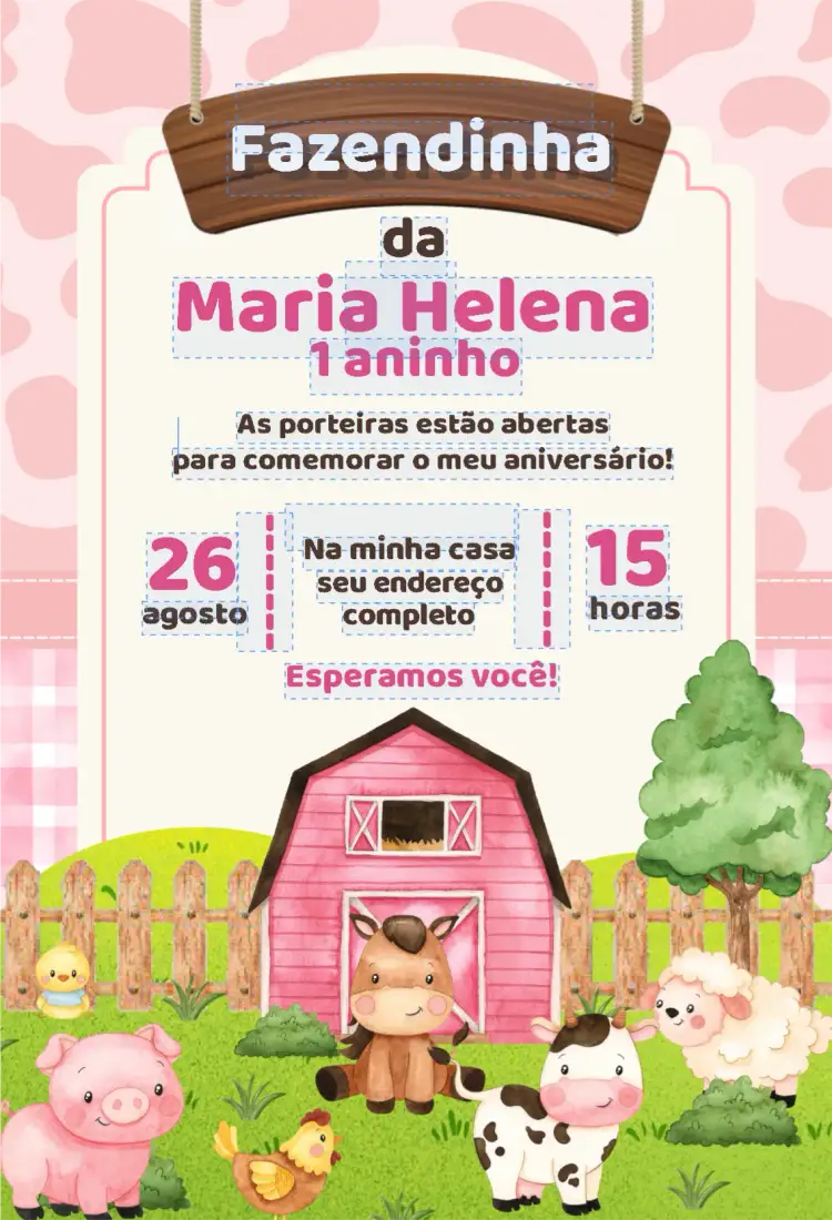 Convite Fazendinha – tema Aniversário Infantil rosa, fazenda, temática, divertido, colorido, infantil