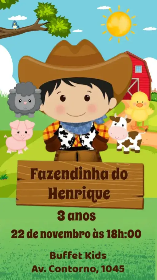 Convite Fazendinha – tema Aniversário Infantil rústico, colorido, divertido, campestre, vintage