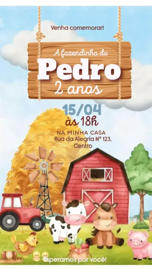 Convite Fazendinha – tema Aniversário Infantil colorido, aquarela, rústico, lúdico, divertido