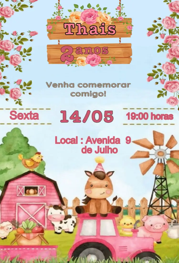 Convite Fazendinha – tema Cartão rosa, fazendinha, animais da fazenda, colorido, divertido, infantil