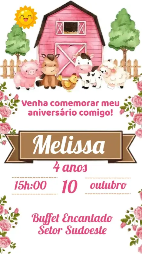 Convite Fazendinha – tema Aniversário Infantil rural, colorido, divertido, ilustrações de animais, natureza, festa infantil