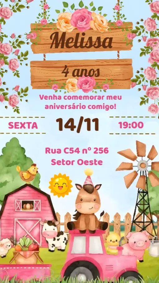 Convite Fazendinha – tema Aniversário Infantil rural, colorido, divertido, lúdico, infantil, natureza