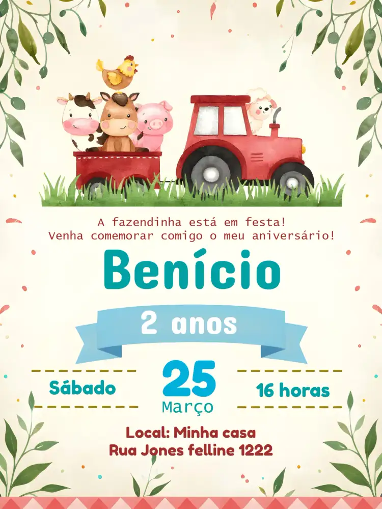Convite Fazendinha Animais – tema Mais pesquisados vibrante, colorido, infantil, divertido, ilustrações de animais, festa na fazenda