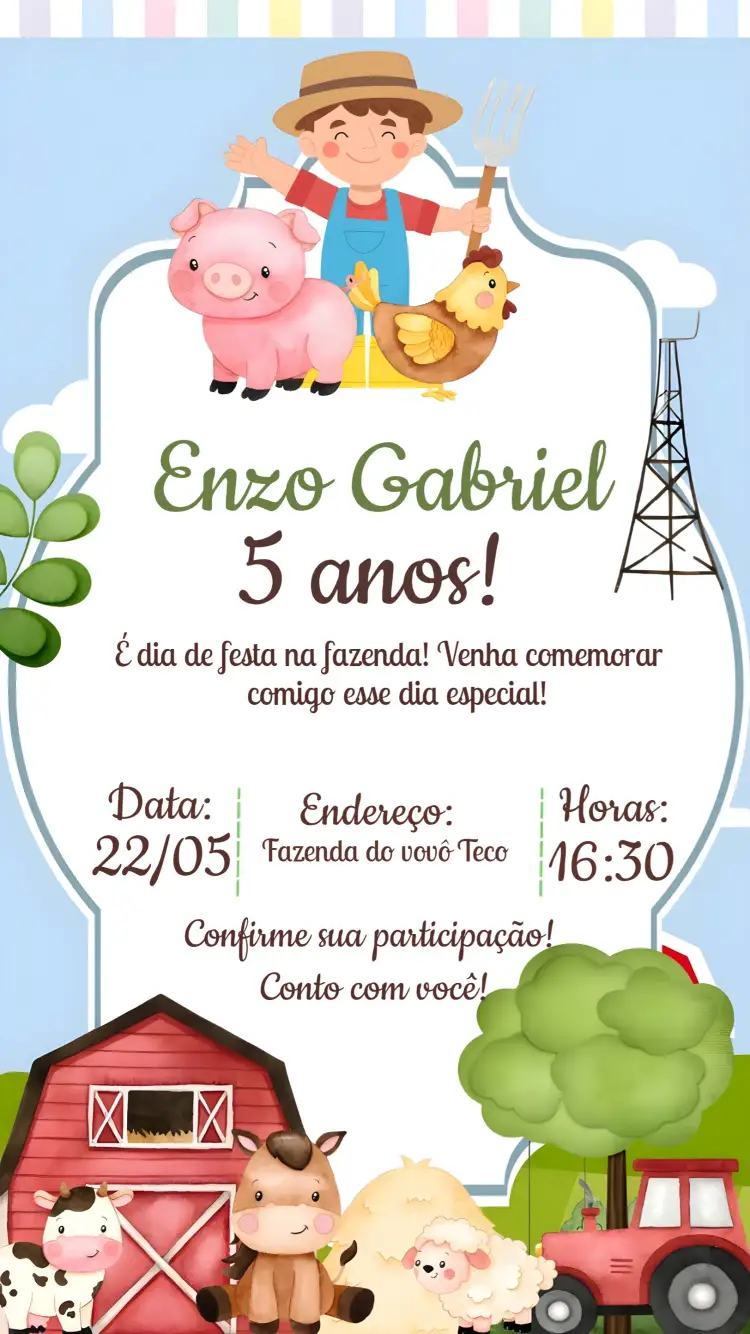 Convite Fazendinha Animais – tema Mais pesquisados colorido, rural, divertido, infantil, animais, natural